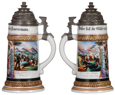 Two Regimental steins, .5L, 9.5" ht., porcelain, Leib Comp., Inft. Regt. Nr. 168, Butzbach, 1897 - 1899, two side scenes, roster, no finial or thumblift, named to: Gefreiter Rohmig, body mint; with, .5L, 10.2" ht., porcelain, 9. Comp., Inft. Regt. Nr. 122 - 2