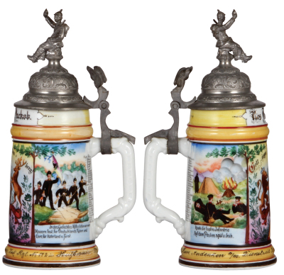 Two Regimental steins, .5L, 9.5" ht., porcelain, Leib Comp., Inft. Regt. Nr. 168, Butzbach, 1897 - 1899, two side scenes, roster, no finial or thumblift, named to: Gefreiter Rohmig, body mint; with, .5L, 10.2" ht., porcelain, 9. Comp., Inft. Regt. Nr. 122 - 3