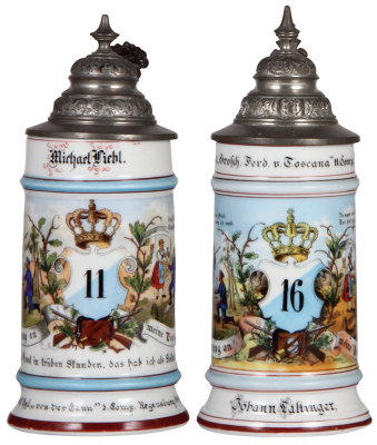 Two Regimental steins, .5L, 9.0" ht., porcelain, 3. Comp., bayr. Inft. Regt. Nr. 11, Regensburg, 1896 - 1898, two side scenes, wreath thumblift, named to: Michael Liebl, lithophane lines; with, .5L, 9.3" ht., porcelain, 11. Comp., bayr. Inft. Regt. Nr. 16