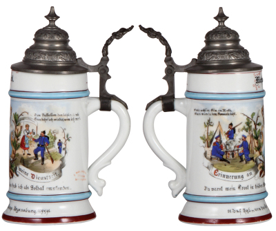 Two Regimental steins, .5L, 9.0" ht., porcelain, 3. Comp., bayr. Inft. Regt. Nr. 11, Regensburg, 1896 - 1898, two side scenes, wreath thumblift, named to: Michael Liebl, lithophane lines; with, .5L, 9.3" ht., porcelain, 11. Comp., bayr. Inft. Regt. Nr. 16 - 2