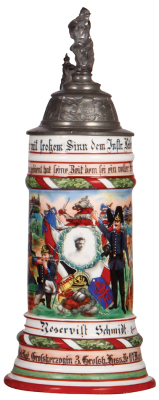 Regimental stein, .5L, 12.1" ht., porcelain, Leib Comp., Inft. Regt. Nr. 117, Mainz, 1905 - 1907, two side scenes, roster, lion thumblift, named to: Reservist Schmidt I., some roster wear, pewter tear, lithophane line.