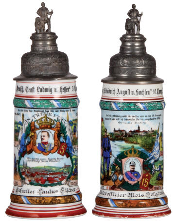 Two Regimental steins, .5L, 11.2" ht., porcelain, 3. Comp, bayr. Inft. Regt. Nr. 5, Bamberg, 1907-1909, four side scenes, roster, lion thumblift, named to: Gefr. Paulus Fischer, heavy lithophane line, pewter tear poorly repaired in rear & front; with, .5L