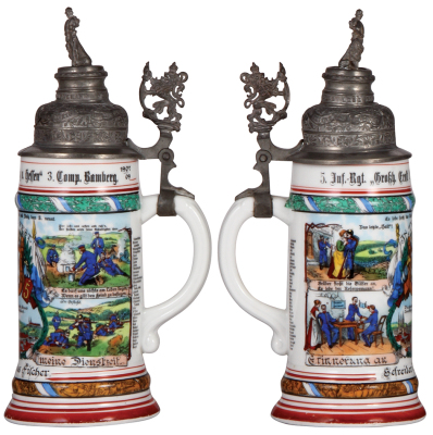 Two Regimental steins, .5L, 11.2" ht., porcelain, 3. Comp, bayr. Inft. Regt. Nr. 5, Bamberg, 1907-1909, four side scenes, roster, lion thumblift, named to: Gefr. Paulus Fischer, heavy lithophane line, pewter tear poorly repaired in rear & front; with, .5L - 2