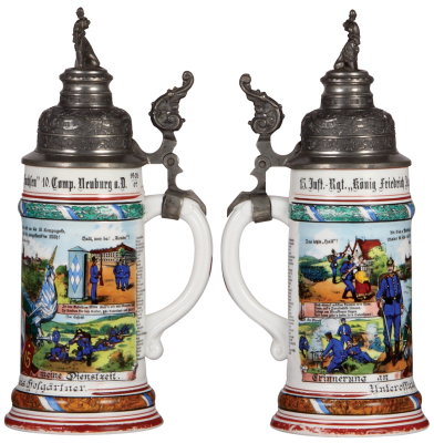Two Regimental steins, .5L, 11.2" ht., porcelain, 3. Comp, bayr. Inft. Regt. Nr. 5, Bamberg, 1907-1909, four side scenes, roster, lion thumblift, named to: Gefr. Paulus Fischer, heavy lithophane line, pewter tear poorly repaired in rear & front; with, .5L - 3