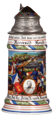 Regimental stein, .5L, 9.5" ht., porcelain, 6. Comp., bayr. Inft. Regt. Nr. 7, Bayreuth, 1906 - 1908, four side scenes, roster, lion thumblift, named to: Reservist Herold, prism lid, .5" chip on bottom.