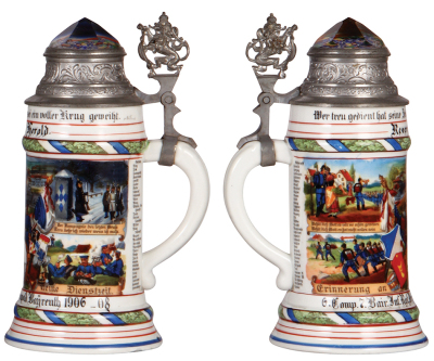 Regimental stein, .5L, 9.5" ht., porcelain, 6. Comp., bayr. Inft. Regt. Nr. 7, Bayreuth, 1906 - 1908, four side scenes, roster, lion thumblift, named to: Reservist Herold, prism lid, .5" chip on bottom. - 2