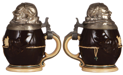 Two Character steins, .5L, pottery, Monks, first marked M. & W. Gr., pewter lid; second, marked 67, both mint. - 2