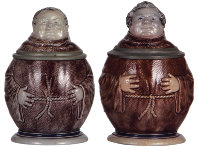 Two Character steins, .5L, stoneware, Monks, marked M. & W. Gr., purple & blue salt glazes, mint.
