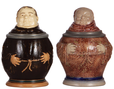 Two Character stein, .5L, pottery, Monk; stoneware, Monk, blue & purple salt glazes, both mint.