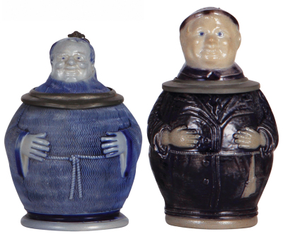 Two Character steins, .5L, stoneware, Monks, marked 716, blue salt glaze, flake on edge of inlay under the pewter; marked 112, purple salt glaze, mint.