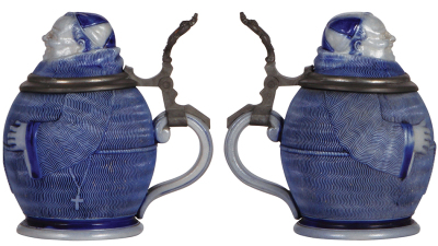 Two Character steins, .5L, stoneware, Monks, marked 716, blue salt glaze, flake on edge of inlay under the pewter; marked 112, purple salt glaze, mint. - 2