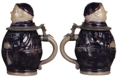 Two Character steins, .5L, stoneware, Monks, marked 716, blue salt glaze, flake on edge of inlay under the pewter; marked 112, purple salt glaze, mint. - 3