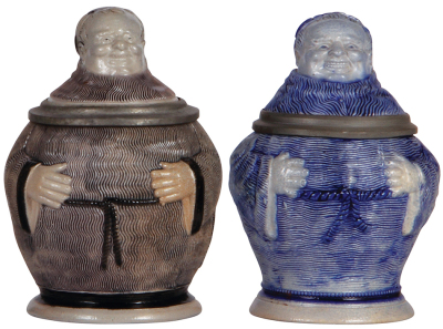 Two Character steins, .5L, stoneware, Monks, unmarked, brown salt glaze, 1" firing line on the side, visible inside; blue salt glaze, mint.