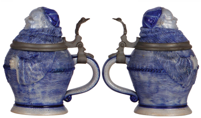 Two Character steins, .5L, stoneware, Monks, unmarked, brown salt glaze, 1" firing line on the side, visible inside; blue salt glaze, mint. - 3