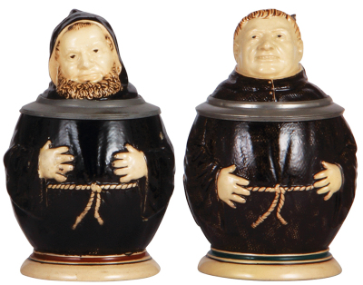 Two Character steins, .5L, pottery, Monks, marked M. & W. Gr., mint.