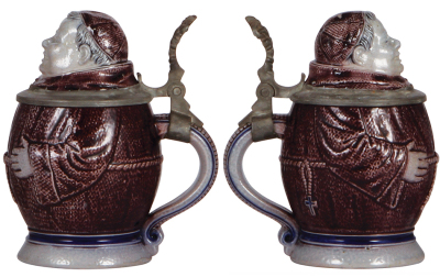 Three Character steins, .3L stoneware, Monks, all marked M. & W. Gr., first small chip on underside, second flake at inlay edge, top of cap & slightly rough pewter flange, third some tiny glaze flakes. - 3