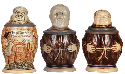 Three Character steins, .25L & .3L pottery, Monks, first marked 654, others marked M. & W. Gr., mint.