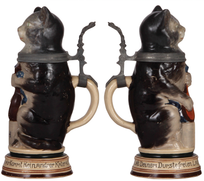 Two Character steins, .5L, pottery, #662, by Reinhold Merkelbach, Tomcat, inlaid lid is new replacement; with, .5L, pottery, Schwiegermutter, hairline on side, no thumblift. - 2