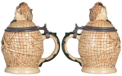 Two Character steins, .5L, pottery, #662, by Reinhold Merkelbach, Tomcat, inlaid lid is new replacement; with, .5L, pottery, Schwiegermutter, hairline on side, no thumblift. - 3