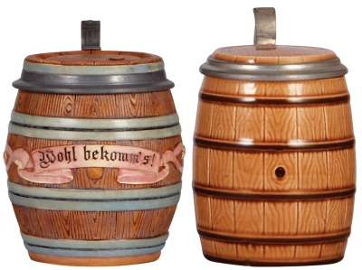 Two Character steins, .5L, pottery, #1058, by J.W. Remy, Barrel, base flake; with, .5L, #1025, majolica, Barrel, mint.