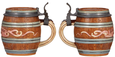 Two Character steins, .5L, pottery, #1058, by J.W. Remy, Barrel, base flake; with, .5L, #1025, majolica, Barrel, mint. - 2
