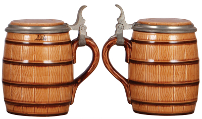 Two Character steins, .5L, pottery, #1058, by J.W. Remy, Barrel, base flake; with, .5L, #1025, majolica, Barrel, mint. - 3