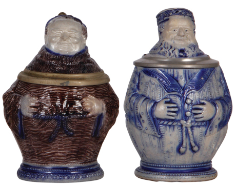 Two character steins, .5L, stoneware, Monk, mint; with, .5L, Man in Robe, chips on inlay edge & base.