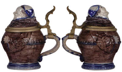 Two character steins, .5L, stoneware, Monk, mint; with, .5L, Man in Robe, chips on inlay edge & base. - 2