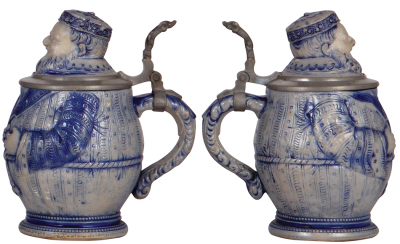 Two character steins, .5L, stoneware, Monk, mint; with, .5L, Man in Robe, chips on inlay edge & base. - 3