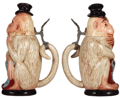 Two character steins, .5L, pottery, #1261, by Reinhold Hanke, Monkey, chips on inlay edge; with, .5L, #987, by Reinhold Hanke, Clown, inlaid lid, broken & glued. - 2