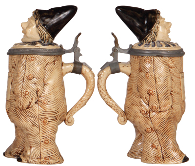 Two character steins, .5L, pottery, #1261, by Reinhold Hanke, Monkey, chips on inlay edge; with, .5L, #987, by Reinhold Hanke, Clown, inlaid lid, broken & glued. - 3