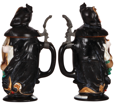 Two Character steins, .5L, 9.5" ht., porcelain, marked Jos. Mayer, Munich Child, neck crack repaired, 2" crack on lid in rear; with, .3L, pottery, marked 298, Munich Child, minimal gold band wear, otherwise mint. - 2