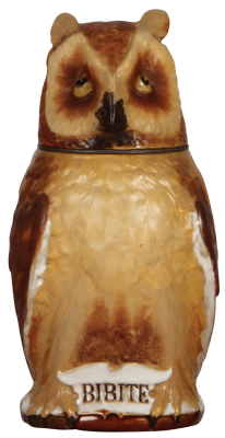Character stein, .5L, Mettlach, 2036, Owl, stoneware lid, very good repair of hairline on lid.