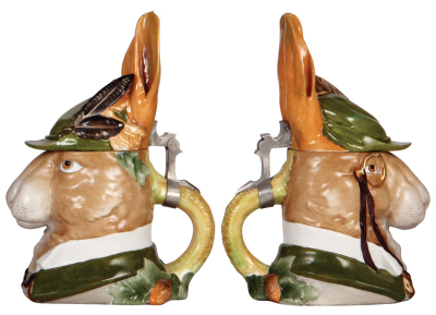 Character stein, .5L, porcelain, marked Musterschutz, by Schierholz, Gentleman Rabbit, hash mark removed, repaired ears, feather & pewter. - 2