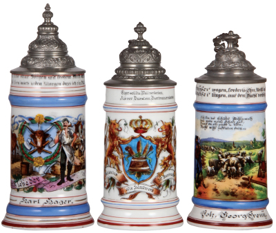 Three porcelain steins, .5L, transfer & hand-painted, Occupational Metzger [Butcher], pewter lid, mint; with, .5L, transfer & hand-painted, Occupational Bierbrauer [Brewer], pewter lid, mint; with, .5L, transfer & hand-painted, Occupational Schäfer [Sheph