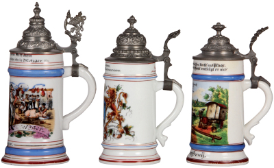 Three porcelain steins, .5L, transfer & hand-painted, Occupational Metzger [Butcher], pewter lid, mint; with, .5L, transfer & hand-painted, Occupational Bierbrauer [Brewer], pewter lid, mint; with, .5L, transfer & hand-painted, Occupational Schäfer [Sheph - 2