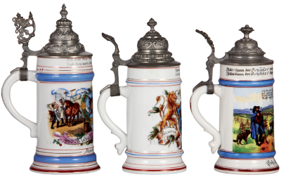 Three porcelain steins, .5L, transfer & hand-painted, Occupational Metzger [Butcher], pewter lid, mint; with, .5L, transfer & hand-painted, Occupational Bierbrauer [Brewer], pewter lid, mint; with, .5L, transfer & hand-painted, Occupational Schäfer [Sheph - 3