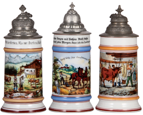 Three porcelain steins, .5L, transfer & hand-painted, Occupational Käser [Cheese Maker], pewter lid, mint; with, .5L, transfer & hand-painted, Occupational Landmann [Farmer], pewter lid, missing center hinge ring, hinge still functions, body mint; with, .