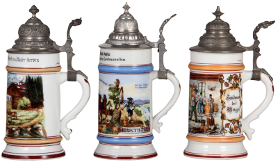 Three porcelain steins, .5L, transfer & hand-painted, Occupational Käser [Cheese Maker], pewter lid, mint; with, .5L, transfer & hand-painted, Occupational Landmann [Farmer], pewter lid, missing center hinge ring, hinge still functions, body mint; with, . - 2