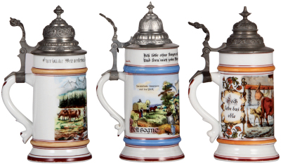 Three porcelain steins, .5L, transfer & hand-painted, Occupational Käser [Cheese Maker], pewter lid, mint; with, .5L, transfer & hand-painted, Occupational Landmann [Farmer], pewter lid, missing center hinge ring, hinge still functions, body mint; with, . - 3