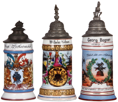 Three porcelain steins, .5L, transfer & hand-painted, Occupational Müller [Miller], pewter lid, mint; with, .5L, transfer & hand-painted, Occupational Bierbrauerei [Brewer], pewter lid, minimal wear on base; with, .5L, transfer & hand-painted, Occupationa