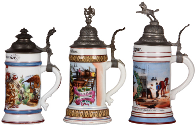 Three porcelain steins, .5L, transfer & hand-painted, Occupational Müller [Miller], pewter lid, mint; with, .5L, transfer & hand-painted, Occupational Bierbrauerei [Brewer], pewter lid, minimal wear on base; with, .5L, transfer & hand-painted, Occupationa - 2