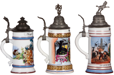Three porcelain steins, .5L, transfer & hand-painted, Occupational Müller [Miller], pewter lid, mint; with, .5L, transfer & hand-painted, Occupational Bierbrauerei [Brewer], pewter lid, minimal wear on base; with, .5L, transfer & hand-painted, Occupationa - 3