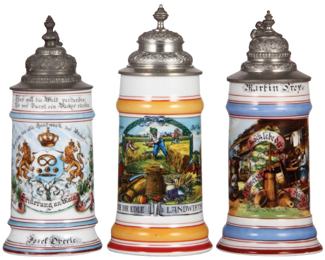 Three porcelain steins, .5L, transfer & hand-painted, Occupational Bäcker [Baker], pewter lid, mint; with, .5L, transfer & hand-painted, Occupational Landwirt [Farmer], pewter lid, mint; with, .5L, transfer & hand-painted, Occupational Schweizer Käser [Sw