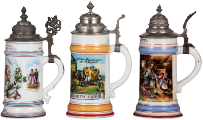 Three porcelain steins, .5L, transfer & hand-painted, Occupational Bäcker [Baker], pewter lid, mint; with, .5L, transfer & hand-painted, Occupational Landwirt [Farmer], pewter lid, mint; with, .5L, transfer & hand-painted, Occupational Schweizer Käser [Sw - 2