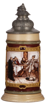 Porcelain stein, .5L, marked H.R., 18/164, by Hauber & Reuther, transfer & hand-painted, pewter lid, some color wear on handle & base, small flakes on lower band.