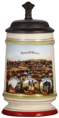 Porcelain stein, .3L, transfer & hand-painted, Gruss aus St. Georgen, pewter lid, lithophane, mint.