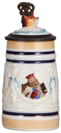 Porcelain stein, .4L, relief, hand-painted, Gambrinus, fox finial, faint hairlines on underside.