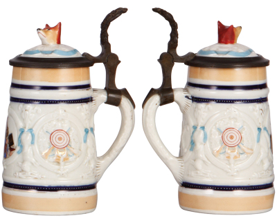 Porcelain stein, .4L, relief, hand-painted, Gambrinus, fox finial, faint hairlines on underside. - 2