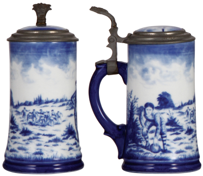 Porcelain stein, .5L, handpainted, marked Delft, Germany, Rugby, porcelain inlaid lid, lithophane has some scratched on the underside, otherwise mint.  - 2